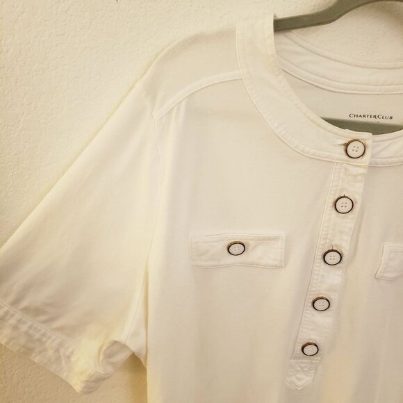 Charter Club Cotton Short Sleeve White Pullover Top w/Button Detail 2X EUC - Picture 3 of 7